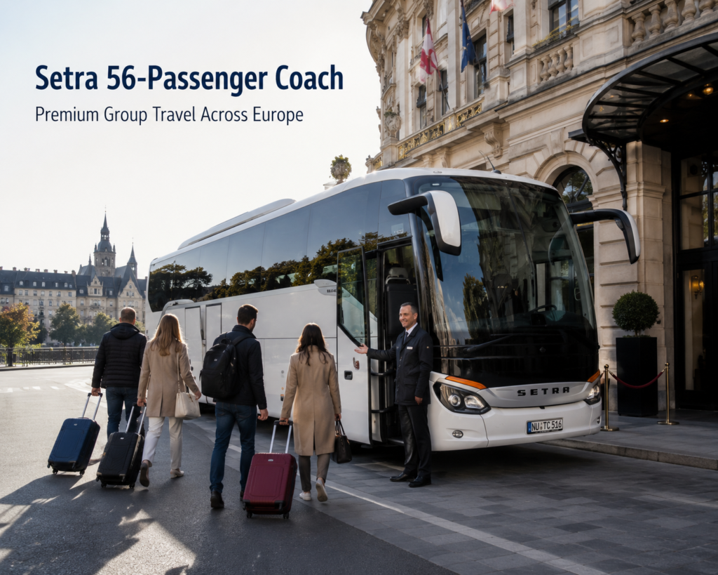 Coach Bus Barcelona with a luxury coach and professional chauffeur outside a landmark hotel in Barcelona